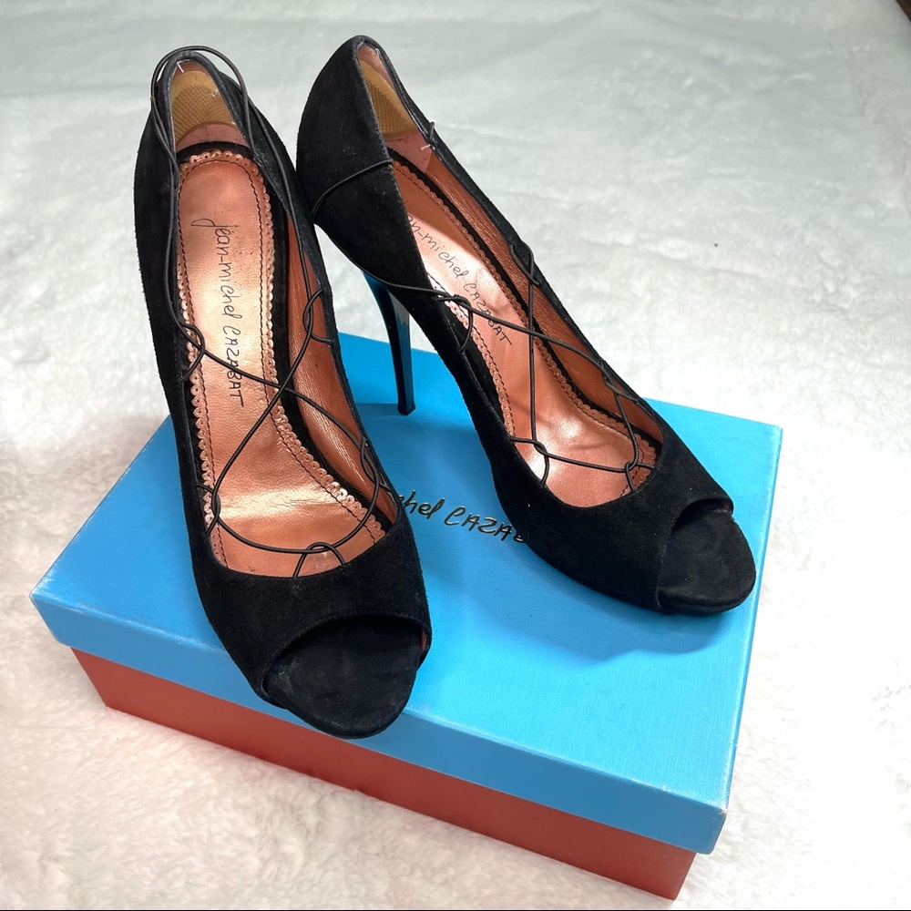 Jean-Michael Cazabat Strappy Peep Toe Suede Black Heal in Size 9.5 Made in Italy